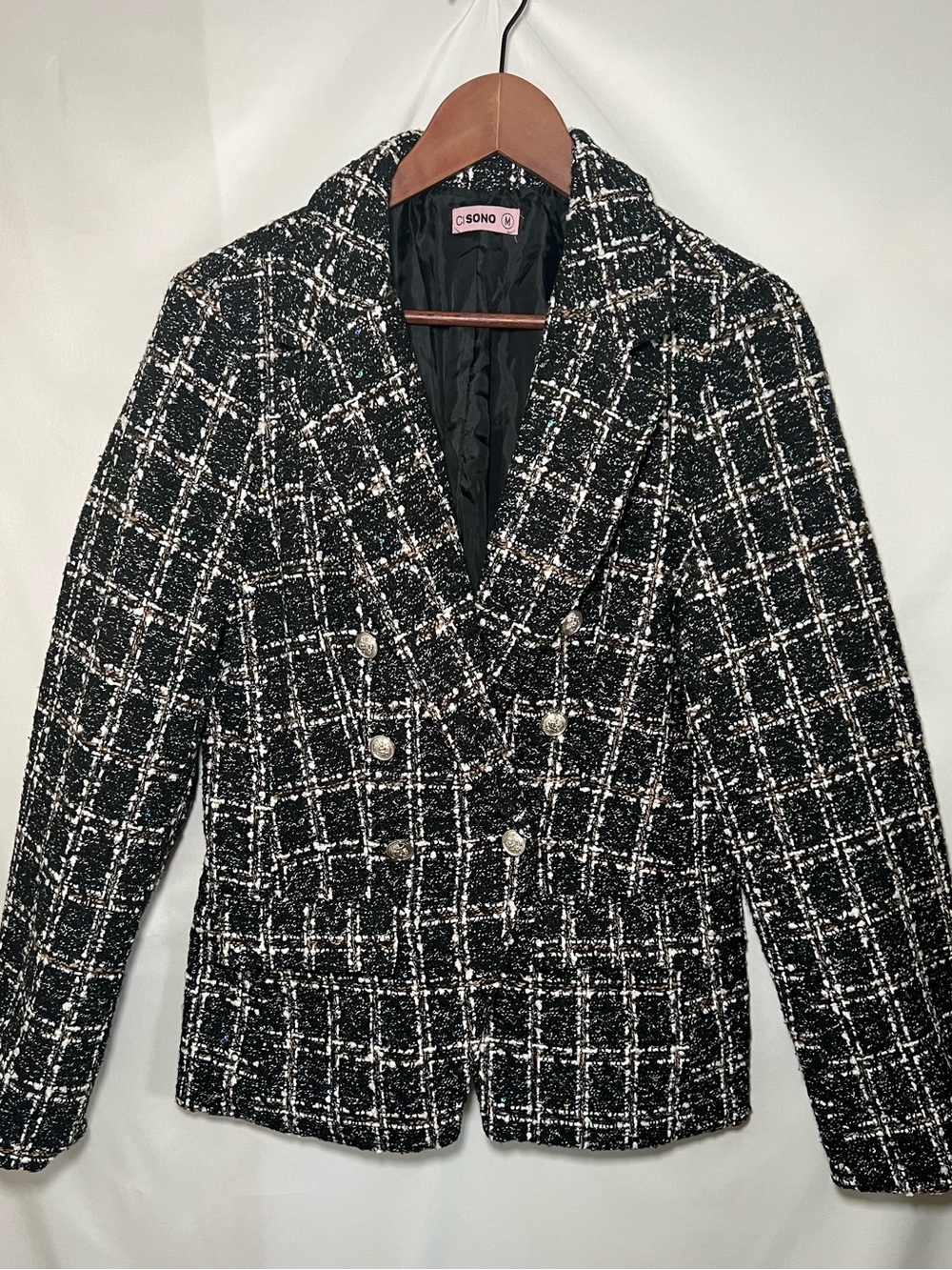 Ci Sono Black & White Tweed Double-Breasted Blazer